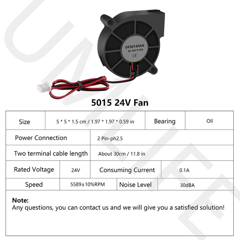UMLIFE 4PCS 3D Printer Blower Fan 5015 DC 24V Brushless Cooling Fan Oil Bearing 50x50x15mm Fan with 2 Pin Terminal for Humidifier Aromatherapy Repair Replacement Hotend Extruder Heatsinks(24V 0.1A) - Image 2